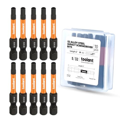 toolant 5/32" Impact Hex Bit Set, 10-Piece | CNC-machined tips, S2 alloy steel body, hardened core, magnetic fastener retention, impact-driver use - size: 5/32"(10pcs)
