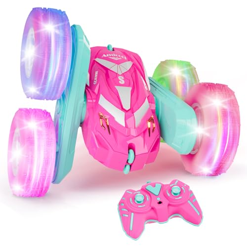 Amicool Remote Control Car for Girls 6-12 with Flashing Light, Toys 6 7 8 9 Years Old Girl Birthday Gifts Idea, RC Cars Stunt 4WD 2.4Ghz Double Sided 360° Flip, Present for Kids, Christmas, Pink - color: Pink