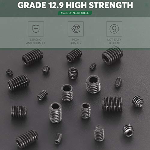 Keadic 376Pcs Internal Hex Drive Cup-Point Screws Assortment Kit, 15 Sizes Alloy Steel Hex Socket Set Cap Point Grub Screws, Socket Head Cap Screws Grub Screws, Black (1/8" to 3/8") - style: 376pcs SAE 10 Sizes Cup Point Set Screw Kit