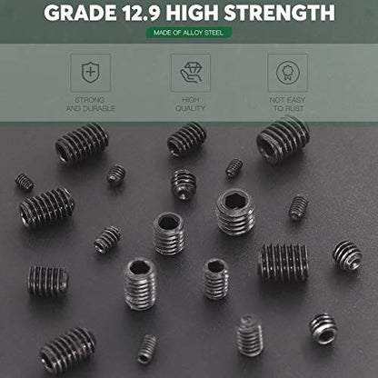 Keadic 376Pcs Internal Hex Drive Cup-Point Screws Assortment Kit, 15 Sizes Alloy Steel Hex Socket Set Cap Point Grub Screws, Socket Head Cap Screws Grub Screws, Black (1/8" to 3/8") - style: 376pcs SAE 10 Sizes Cup Point Set Screw Kit