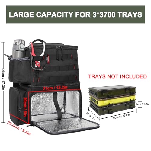 MATEIN Fishing Backpack, Tackle Storage Bag with Rod Holders & Cooler | Water Resistant Fishing Bag Fits 4 3600 Trays, Large Wide Open Tackle Box Backpack, Gifts for Fishermen - color: Black - Large