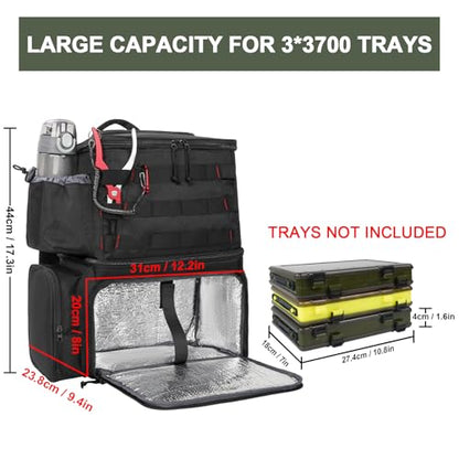 MATEIN Fishing Backpack, Tackle Storage Bag with Rod Holders & Cooler | Water Resistant Fishing Bag Fits 4 3600 Trays, Large Wide Open Tackle Box Backpack, Gifts for Fishermen - color: Black - Large