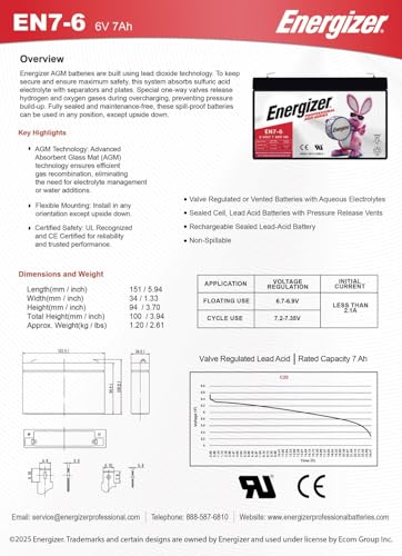 Energizer EN7-6, 6 Volt 7 Amp Hr, Long Lasting Sealed Lead Acid AGM Rechargeable Battery Ideal for Use in Emergency Illumination, Backup Power, Kids Ride On, and More