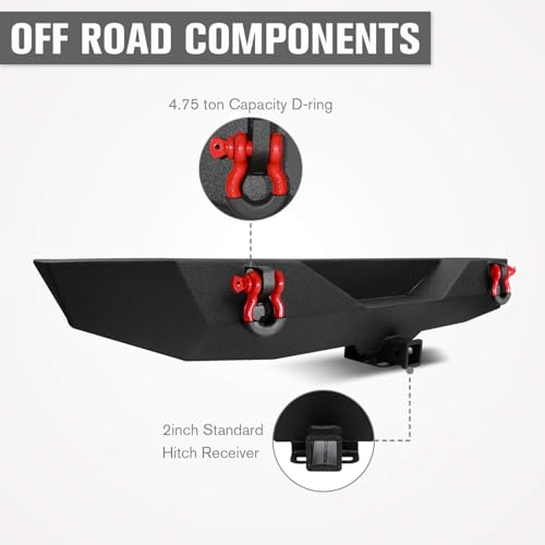 Rear Bumper for 2007-2018 Jeep JK, 2" Hitch Receiver and D-rings | Offroad Steel Bumper Full Width Fit for 2007-2018 Jeep Wrangler JK - size: 2007-2018 JK Rear Bumper