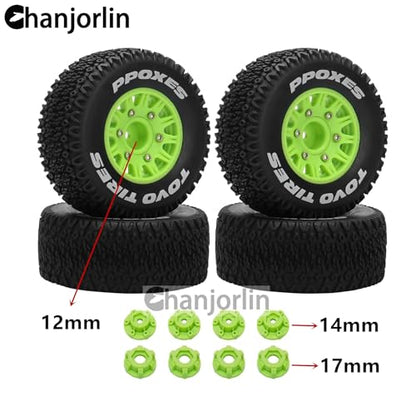 1/10 1/8 RC Short Course Truck Tires OD 112mm and Wheels 12mm 14mm 17mm Hex for 1:8 1:10 Scale Off Road Truck Car Traxxas Slash 2WD 4×4 Axial Losi Redcat Rc4wd Arrma Senton 4PCS (Green) - color: Green