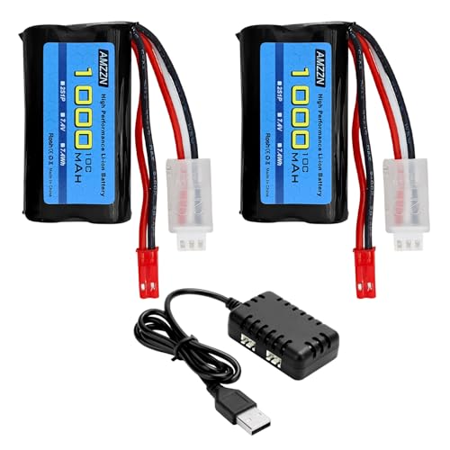 2PCS 7.4V 1000mAh 2S JST Plug Li-ion Battery with 2-in-1 Charger for RC Car,Stunt Flip Vehicle,Truck,Engineering Vehicle,RC Boat,Excavator,Toy Car Model,Off-Road Vehicle Battery