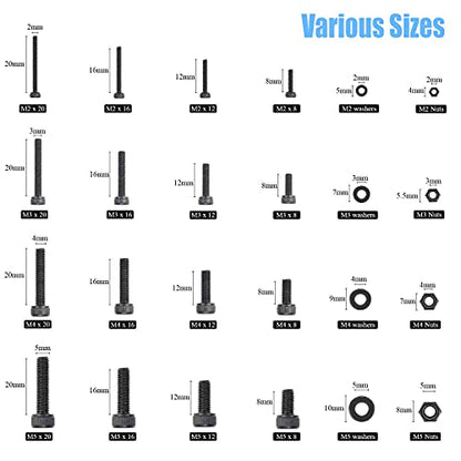 DYWISHKEY 1220 PCS M2 M3 M4 M5, 12.9 Grade Alloy Steel Hex Socket Head Cap Bolts Screws Nuts Washers Assortment Kit with Hex Wrenches - color: carbon black