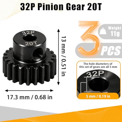 32P 20T RC Car Gear Set | 45# Steel Black Oxide | 5mm Bore +0.03mm | Precision Engineered Motor Pinion Gear Compatible with Traxxas/ARRMA/HPI/Kyosho (3-Pack with M4 Set Screws) - style: 3Pcs 20T
