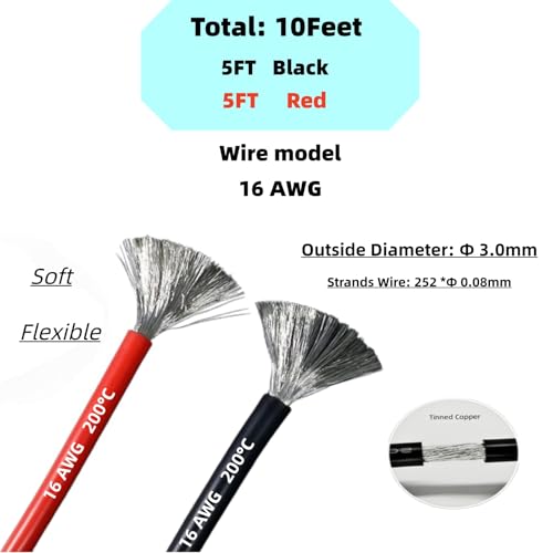 16 AWG Gauge Silicone Wire Electrical Cable（5ft red &5ft Black） Soft & Flexible 0.08 mm Tinned Copper core High Temperature Resistant Silicone Wire for Arduino Projects, RC Cars, Boat, Drones - size: 5ft Red+5ft Black ﻿, style: 16 AWG