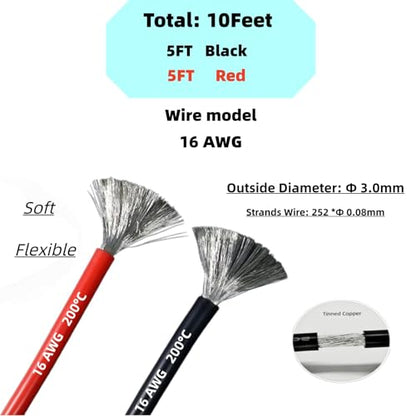 16 AWG Gauge Silicone Wire Electrical Cable（5ft red &5ft Black） Soft & Flexible 0.08 mm Tinned Copper core High Temperature Resistant Silicone Wire for Arduino Projects, RC Cars, Boat, Drones - size: 5ft Red+5ft Black ﻿, style: 16 AWG