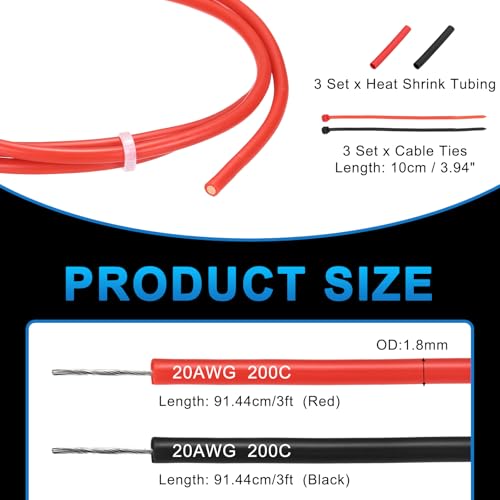 MECCANIXITY 20 Gauge Silicone Electrical Wire Cables, 20 AWG 3ft Black and 3ft Red Electrical Wires High Temp 600V 200C Flexible Stranded Tinned Copper Wires Automotive Cable with Accessories - size: 20 Gauge 1m/3ft
