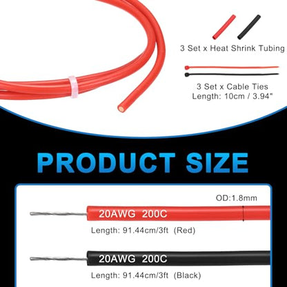 MECCANIXITY 20 Gauge Silicone Electrical Wire Cables, 20 AWG 3ft Black and 3ft Red Electrical Wires High Temp 600V 200C Flexible Stranded Tinned Copper Wires Automotive Cable with Accessories - size: 20 Gauge 1m/3ft