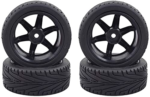 4PCS RC Car Rubber Tires and Plastic Wheels Rims Compatible with 1/10 Scale On Road Touring Racing Flat Drift Car for HSP HPI Tamiya(Black) - color: Black