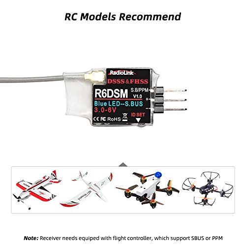Radiolink R6DSM 2.4Ghz 10 Channels Micro RC Receiver SBUS/PPM for Mini FPV Racing Drone, Quadcopters Aircraft, AT9S AT9S Pro/AT10/AT10II Transmitter