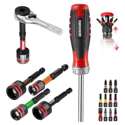 19 Pieces Ratcheting Screwdriver Set and Socket Wrench Set, Mini Rachet Wrench, Rachet Screwdriver Handle and Nut Driver with 12 Pcs Impact Screwdriver Bit, Hand Tools Set for Repair DIY - style: RM019-B-US