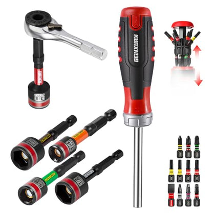 19 Pieces Ratcheting Screwdriver Set and Socket Wrench Set, Mini Rachet Wrench, Rachet Screwdriver Handle and Nut Driver with 12 Pcs Impact Screwdriver Bit, Hand Tools Set for Repair DIY - style: RM019-B-US