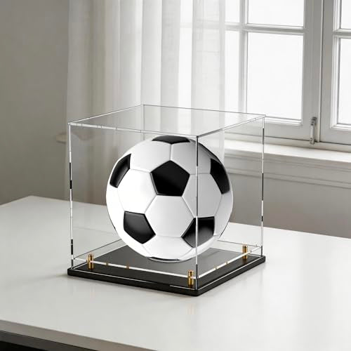Acrylic Display Case with Raised Shelf & Ball Holder, Clear Display Box with Black Base & Gold Standoffs, Dustproof Showcase for Fullsize Football Soccer Volleyball – Easy Assembly (10×10×10 Inch) - size: 10"L x 10"W x 10"H (with Ball Position)