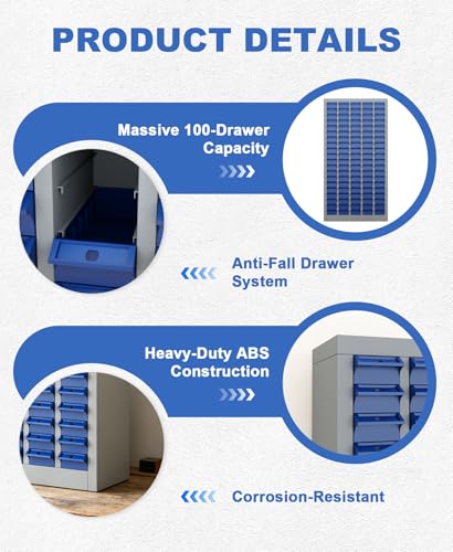 100-Drawer Small Parts Cabinet, Bolt Bins Organizer for Shop, Alloy Steel Frame & ABS Drawers Hardware Storage Cabinet with Label Stickers & Drawer Dividers for Garage Workshop