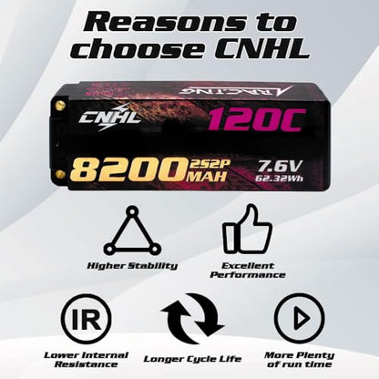 CNHL 8200mAh 2S lipo Battery 7.6V LiHV 120C 5.0mm Bullet to EC5 Hard Case | Explosive punch off the line with instant throttle response for no-prep drag racing, 1/8 and 1/10 RC platforms.