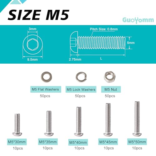 200 PCS M5 x 30mm 35mm 40mm 45mm 50mm, Button Head Socket Cap Screws Bolts Washers Nuts Assortment Kit, Stainless Steel 304, Metric Allen Hex Drive - size: Button M5x30/35/40/45/50 mm