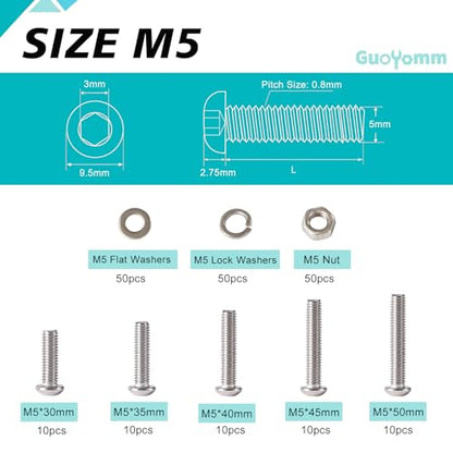 200 PCS M5 x 30mm 35mm 40mm 45mm 50mm, Button Head Socket Cap Screws Bolts Washers Nuts Assortment Kit, Stainless Steel 304, Metric Allen Hex Drive - size: Button M5x30/35/40/45/50 mm