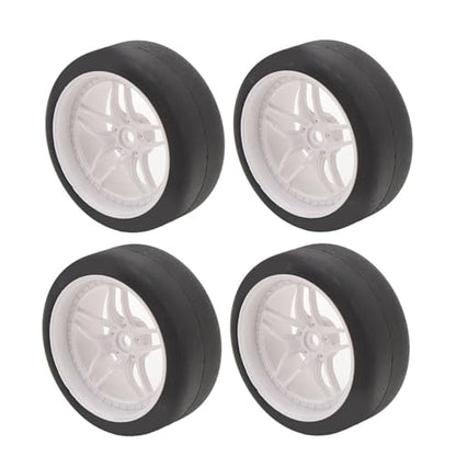 4pcs RC Tires Wheels Rims Set, 1/10 Scale Rubber Tires with 12mm Hex Hub, 26mm Wide Smooth Drift Tires for RC Racing and Drifting Cars Compatible with TT01 HSP (White) - color: White