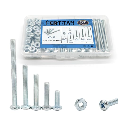 170-Piece #6-32 Machine Screws Assortment Kit – Zinc-Plated Carbon Steel Phillips Pan Head Screws with Nuts, Knobs, Cabinet Screw & Electrician Screw Machine Bolts - size: #6-32 – 85 Sets, 5 Sizes
