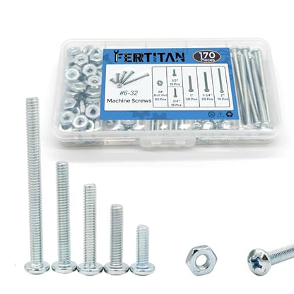 170-Piece #6-32 Machine Screws Assortment Kit – Zinc-Plated Carbon Steel Phillips Pan Head Screws with Nuts, Knobs, Cabinet Screw & Electrician Screw Machine Bolts - size: #6-32 – 85 Sets, 5 Sizes