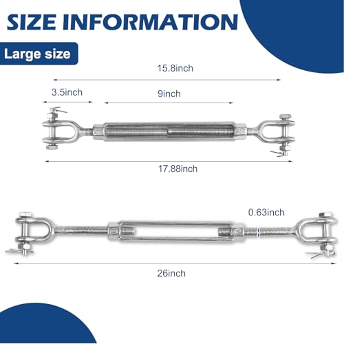2Pack Heavy Duty Turnbuckle 5/8 * 9Inch,Weather Resistant,M16 Hot Dipped Galvanized Steel Jaw and Jaw Turnbuckle | 3500 lbs Working Load Limit, Weather Resistant,for Tractor,Wire Rope Tension,Sun Shade Tent,Treehouse,Deck - size: 5/8*9inches
