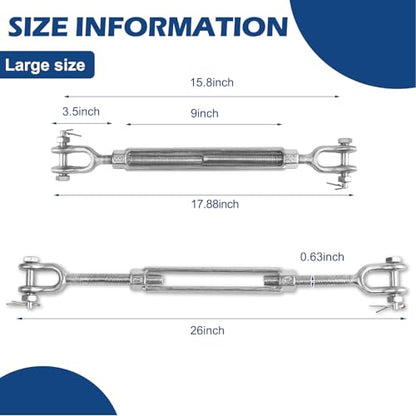 2Pack Heavy Duty Turnbuckle 5/8 * 9Inch,Weather Resistant,M16 Hot Dipped Galvanized Steel Jaw and Jaw Turnbuckle | 3500 lbs Working Load Limit, Weather Resistant,for Tractor,Wire Rope Tension,Sun Shade Tent,Treehouse,Deck - size: 5/8*9inches
