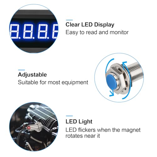 EEEkit 4 Digital Blue LED Tachometer, RPM Speed Meter Digital Motor with Hall Proximity Switch Sensor NPN for Conveyor Belts