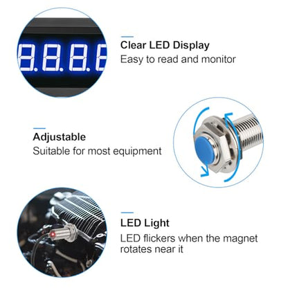 EEEkit 4 Digital Blue LED Tachometer, RPM Speed Meter Digital Motor with Hall Proximity Switch Sensor NPN for Conveyor Belts