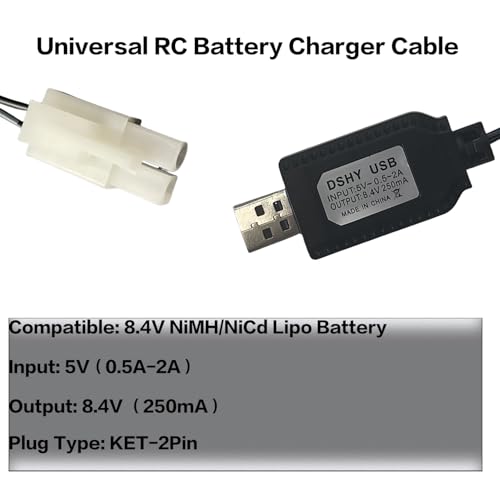8.4V NiMH/NiCd Battery Charger Cable with Standard Tamiya Plug Compatible RC Car RC Tank RC Plane RC Boat and Other Remote Control Toys for Universal 8.4V Lipo Battery USB Charger (1)