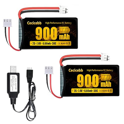 SCX24 Battery 7.4V 900mAh Li-Po Battery with PH2.0 Plug for SCX24 RC Car Most 1/10, 1/16, 1/18, 1/24 Scale RC Trucks with Charger Cable
