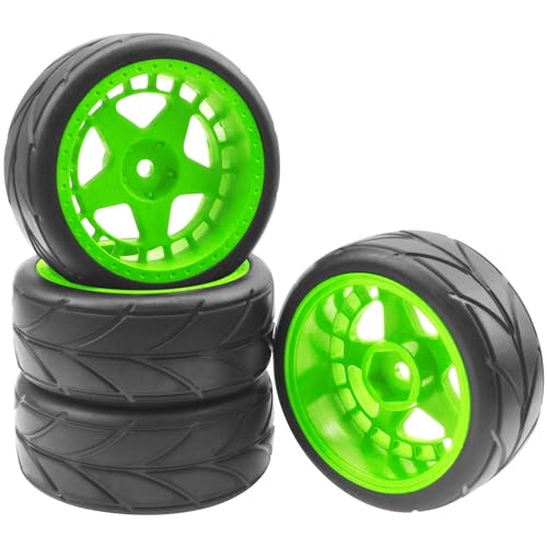 ShareGoo RC OD 2.55" Nylon 12mm Hex Wheels & Rubber Tires Set Compatible with Traxxas Tamiya Sakura HSP Redcat 1/10 RC On-Road Touring Drift Car (Green) - color: Green