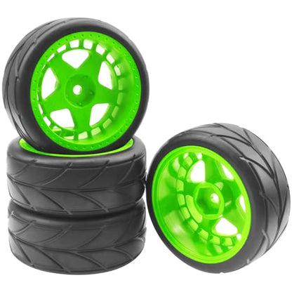 ShareGoo RC OD 2.55" Nylon 12mm Hex Wheels & Rubber Tires Set Compatible with Traxxas Tamiya Sakura HSP Redcat 1/10 RC On-Road Touring Drift Car (Green) - color: Green