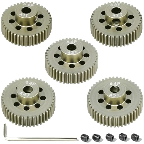 5Pcs 64P Aluminum Alloy Pinion Gear Set 3.175mm 41T 42T 43T 44T 45T Motor Pinion Gear W/ M4 Screw and Hex Key, Fit 3.175mm (1/8-Inch) Shaft, for Arrma HPI Kyosho Losi Axial Traxxas Tamiya 1/10 RC Car - size: 64P-3.175mm-41-45T