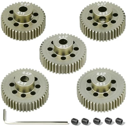 5Pcs 64P Aluminum Alloy Pinion Gear Set 3.175mm 41T 42T 43T 44T 45T Motor Pinion Gear W/ M4 Screw and Hex Key, Fit 3.175mm (1/8-Inch) Shaft, for Arrma HPI Kyosho Losi Axial Traxxas Tamiya 1/10 RC Car - size: 64P-3.175mm-41-45T
