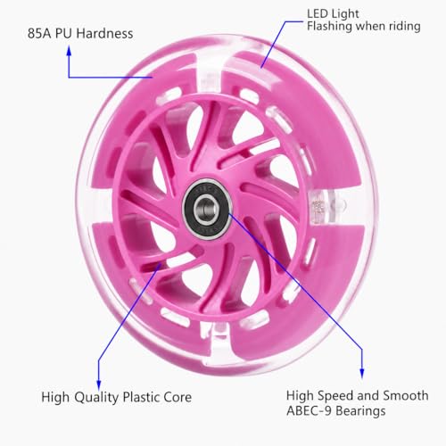 120mm Light Up Scooter Wheels, 2-Pack LED Flashing Replacement Wheels, 85A PU with 608RS Bearings & Spacers for Kids 3-Wheel Kick Scooters (Pink) - color: Pink