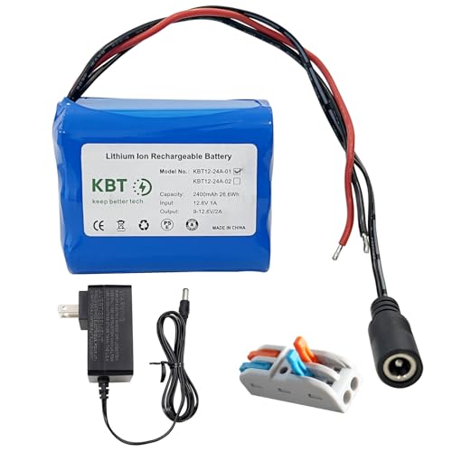KBT 12V 2400mAh Rechargeable Li-ion Battery, Bare Leads Wire Replacement Battery Pack with Charger Compatible with 12V Devices RC Car, Boat, Robot, DIY, LED Light Strip, CCTV Camera - style: 2.4Ah bare leads