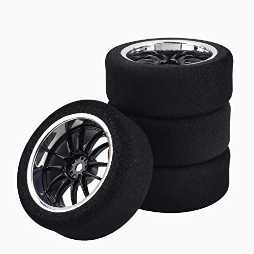 4Pcs 1/10 On-Road Foam Tires& 6012 Wheel Rims 12mm Hex for HSP HPI RC Racing Car Toy, Black