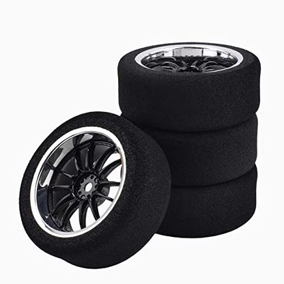 4Pcs 1/10 On-Road Foam Tires& 6012 Wheel Rims 12mm Hex for HSP HPI RC Racing Car Toy, Black