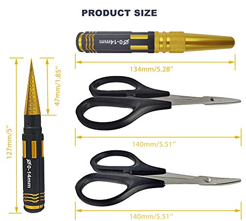 Steel RC Body Reamer and Curved & Straight Scissors for RC Car Bodyshell | 0-14mm RC Body Reamer Hole Puncher with Sleeve and 2PCS Scissors for RC Car Body Shell Mounting Lexan Plastic Trimming Tools