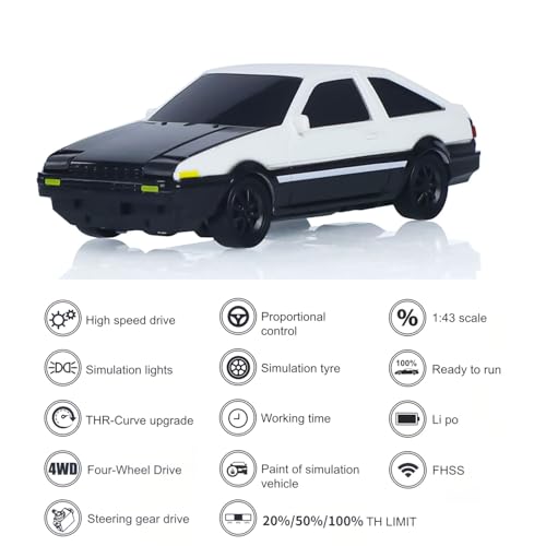 TOUCAN RC HOBBY 1/43 Rc Drift Car AE86 15km/h High Speed 2.4G Radio Controlled Racing Vichle Fully Proportional 4WD RTR Mini Model Dual Hazard Lights Radio Battery 14+ - color: White
