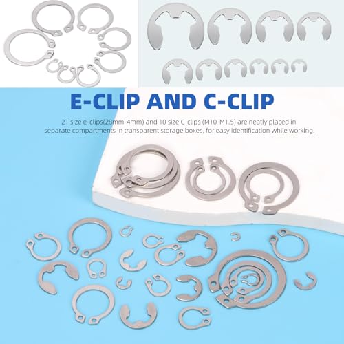 Glarks 302Pcs 304 Stainless Steel C-clip External Retaining Rings and E-clip Retaining Rings Assortment Set, 202Pcs 4MM-28MM Circlip Snap Retaining Clip and 100Pcs E-Ring Circlip Rings and A Tweezer