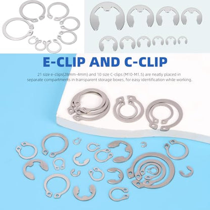 Glarks 302Pcs 304 Stainless Steel C-clip External Retaining Rings and E-clip Retaining Rings Assortment Set, 202Pcs 4MM-28MM Circlip Snap Retaining Clip and 100Pcs E-Ring Circlip Rings and A Tweezer