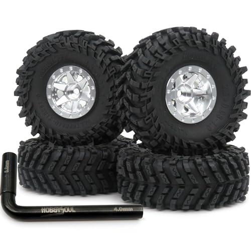 64mm 1.0 Tires F/R Mounted 1.0 beadlock Wheels Silver Rims Hex 7mm Negative Offsets 1.0 Wheels Tires for RC Mud Crawler 1/24 SCX24 FCX24 AX24 1/18 TRX4M