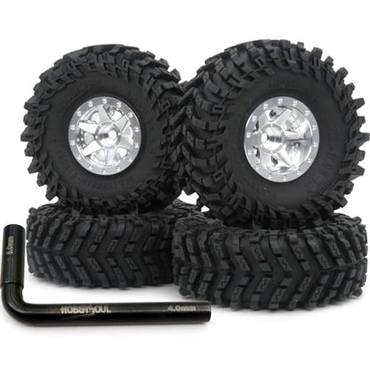 64mm 1.0 Tires F/R Mounted 1.0 beadlock Wheels Silver Rims Hex 7mm Negative Offsets 1.0 Wheels Tires for RC Mud Crawler 1/24 SCX24 FCX24 AX24 1/18 TRX4M