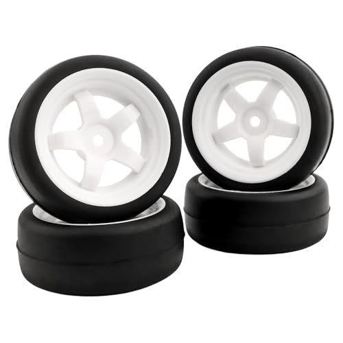 4-Pack RC 1/10 Scale On Road Soft Slick Tires OD2.55 Rubber Wheel Rims 12mm Hex Compatible with Traxxas 4 Tec 2.0 Tamiya TT01 XV01 Kyosho WR8 Sakura WLtoys HPI Touring Racing Car - color: White