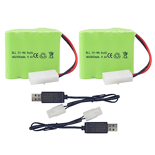 2PCS AA 9.6V 2800mAh Ni-MH High Capacity Battery with Tamiya Plug and 2PCS USB Charging Cable for Toy Tank Engineering, Flat Semi-Trailer Truck, RC Car Spare Batteries Pack